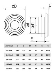 Анемостат приточно-вытяжной регулируемый с фланцем и стопорным кольцом 12,5DVLR